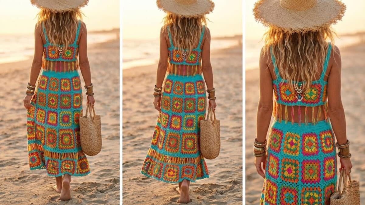 Ideias de looks boho em crochê colorido para o verão 2026