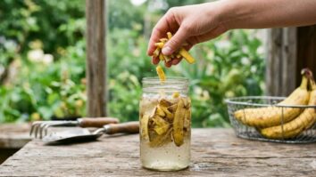 Mãos preparando adubo líquido caseiro com cascas de banana picadas em um frasco de vidro para fertilizar horta e flores.