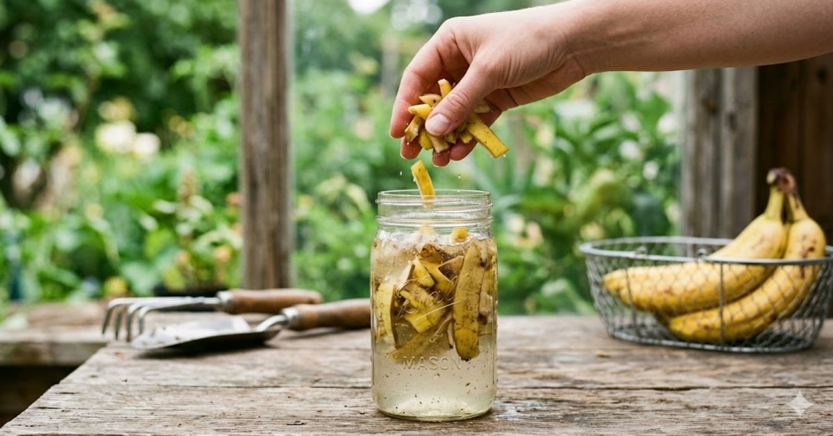 Mãos preparando adubo líquido caseiro com cascas de banana picadas em um frasco de vidro para fertilizar horta e flores.