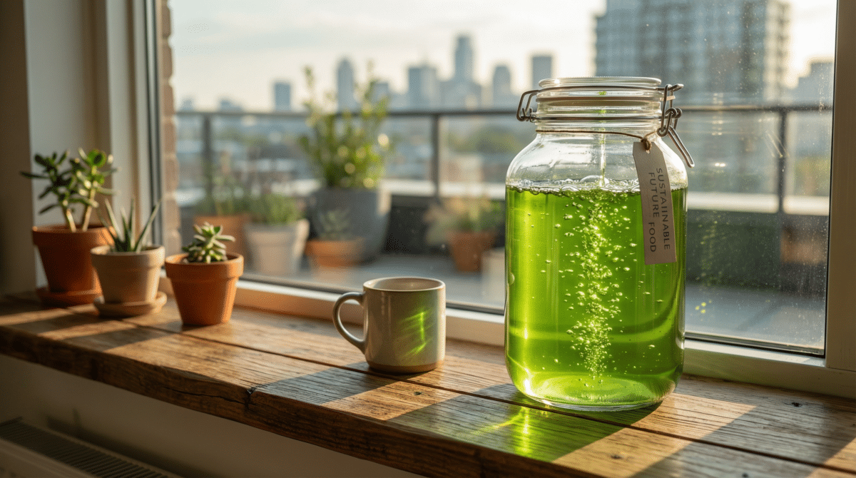 Cultivo doméstico de microalgas ricas em proteína em recipiente no parapeito da janela iluminado pelo sol