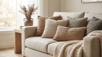 Sala de estar aconchegante com almofadas de croche artesanais em tons diversificados sobre sofa de linho com manta e decoracao natural