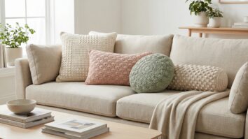 Conjunto de almofadas de croche artesanal em diferentes estilos sobre sofa claro em sala de estar aconchegante com luz natural