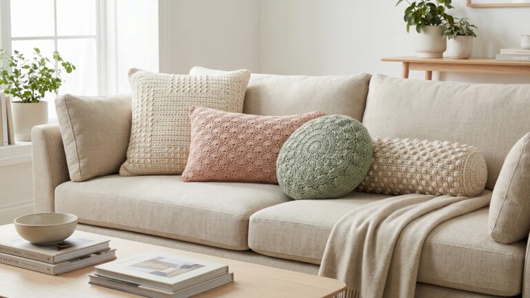 Conjunto de almofadas de croche artesanal em diferentes estilos sobre sofa claro em sala de estar aconchegante com luz natural