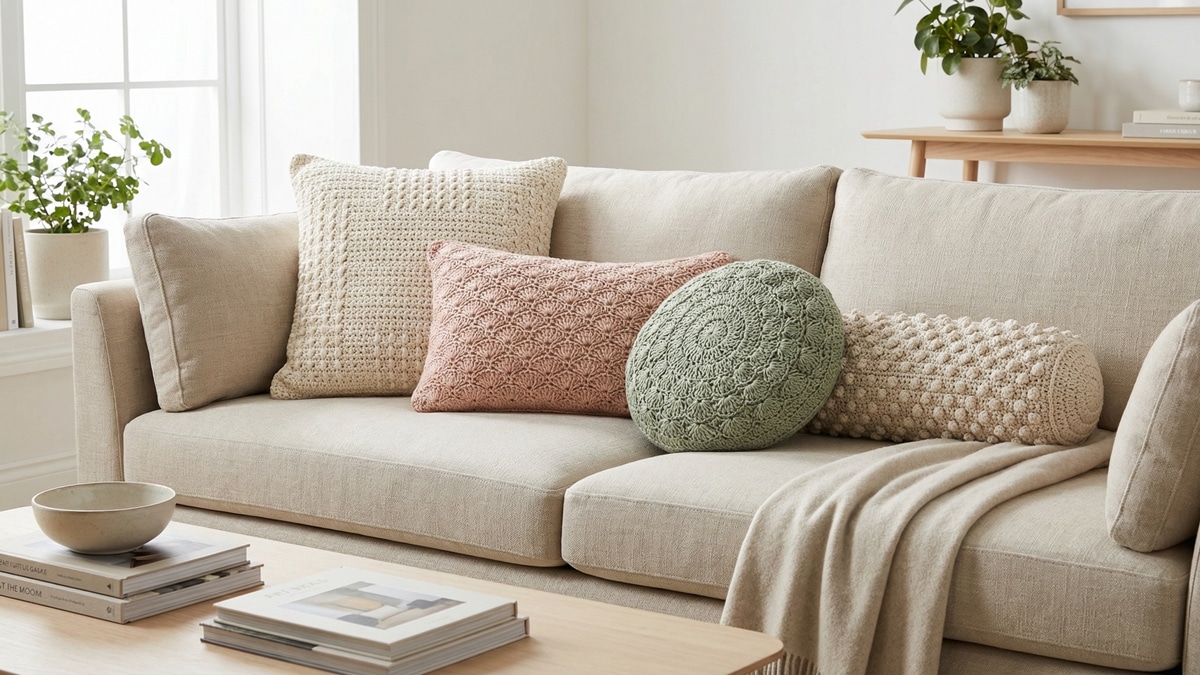 Conjunto de almofadas de croche artesanal em diferentes estilos sobre sofa claro em sala de estar aconchegante com luz natural