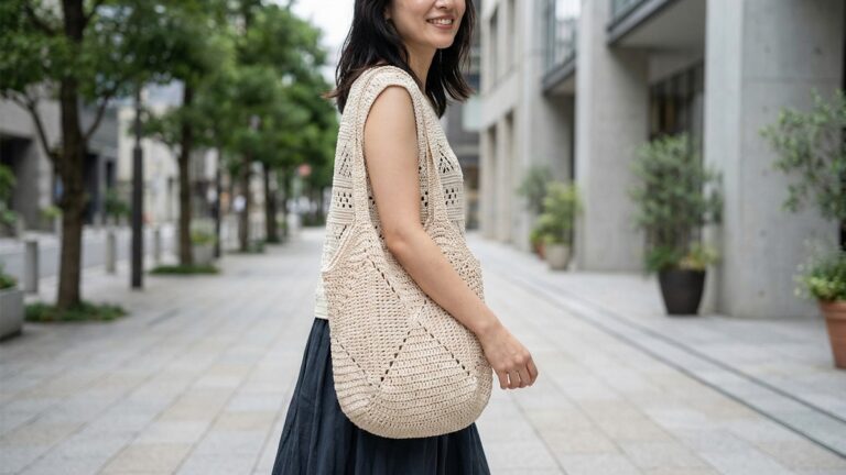 Mulher sorrindo usando blusa e bolsa de croche em tons combinados em ambiente urbano contemporaneo