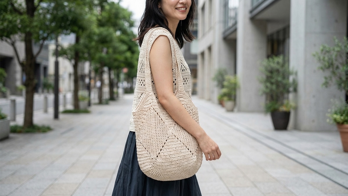 Mulher sorrindo usando blusa e bolsa de croche em tons combinados em ambiente urbano contemporaneo