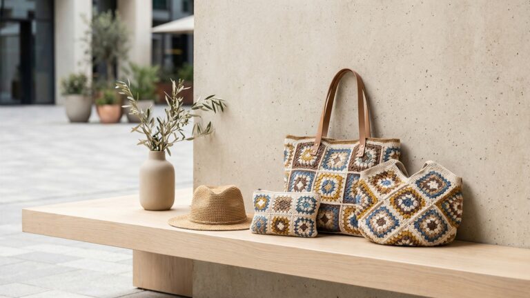 Banco de madeira com bolsas de croche com squares em diferentes cores e estilos em ambiente urbano moderno