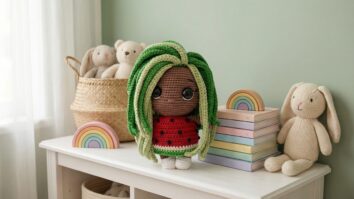 Amigurumi de croche boneca melancia em cenario de decoracao infantil com elementos suaves e acolhedores