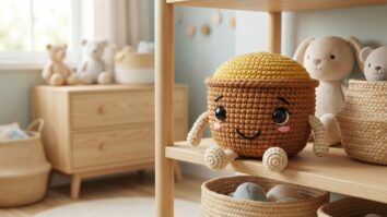 Amigurumi artesanal de empadinha em estilo kawaii com corpo marrom e topo dourado em cenario de quarto infantil acolhedor