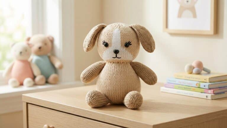 Amigurumi de croche urso cappuccino bege com detalhes marrom em quarto infantil com decoracao neutra e luz natural