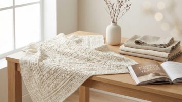 Mesa de madeira clara com amostras de croche off-white em textura tridimensional e elementos decorativos minimalistas