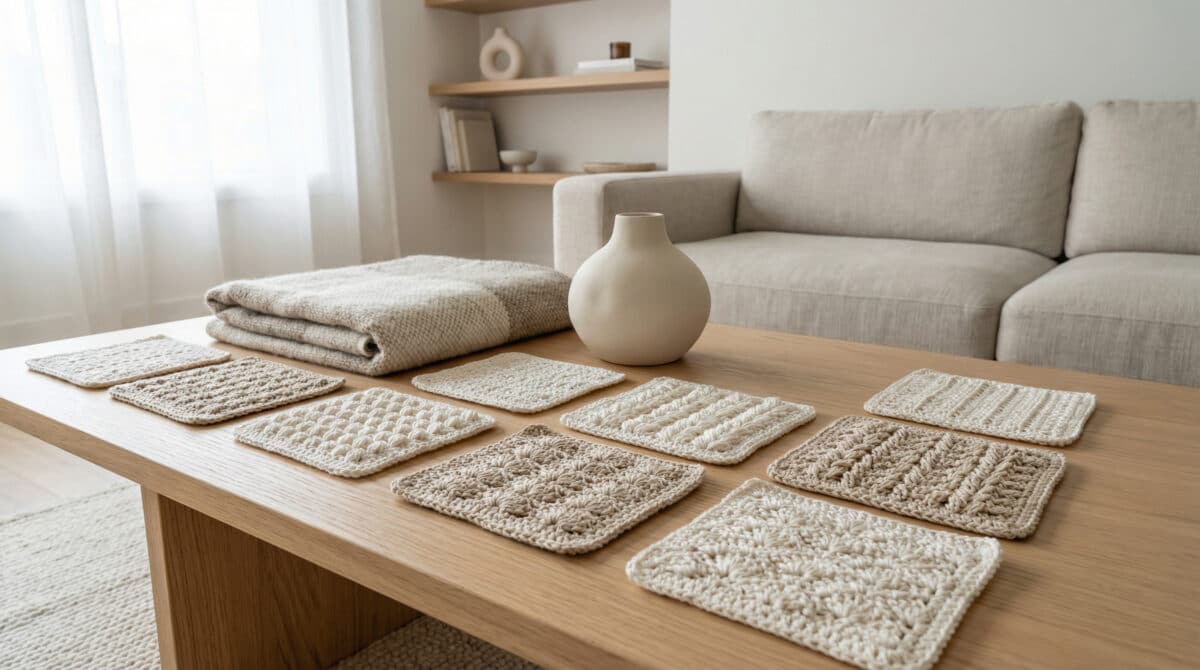 Amostras artesanais de pontos de croche em tons off-white e bege natural com variedade de texturas organizadas sobre mesa de madeira clara em sala contemporanea com luz natural