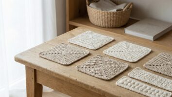 Amostras de pontos de croche artesanal em algodao cru e off white organizadas sobre mesa de madeira com luz natural suave