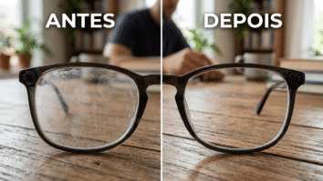 Antes e depois de limpeza de lentes de óculos de grau