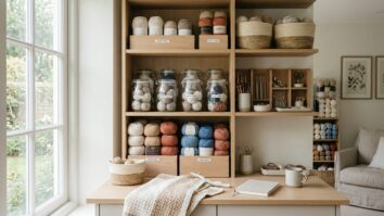 Atelie de croche organizado com prateleiras, cestos e fios de algodao armazenados em caixas de madeira e recipientes de vidro, estilo minimalista