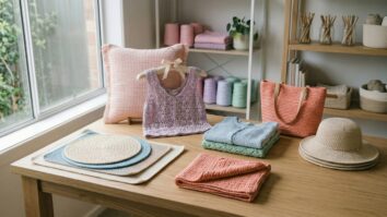 Mesa com pecas de croche artesanal para verao em cores suaves variadas, incluindo bolsas, tops e acessorios leves