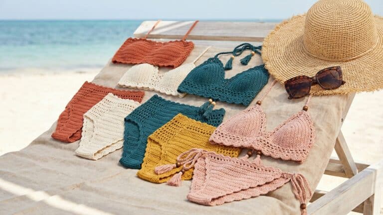Biquinis de croche artesanal em diferentes cores e estilos organizados sobre espreguicadeira de madeira em ambiente praiano com luz natural