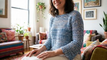 Mulher sorrindo usando blusa artesanal de croche em azul e branco com trama delicada em ponto aberto, sala de apartamento com decoracao criativa e luz natural