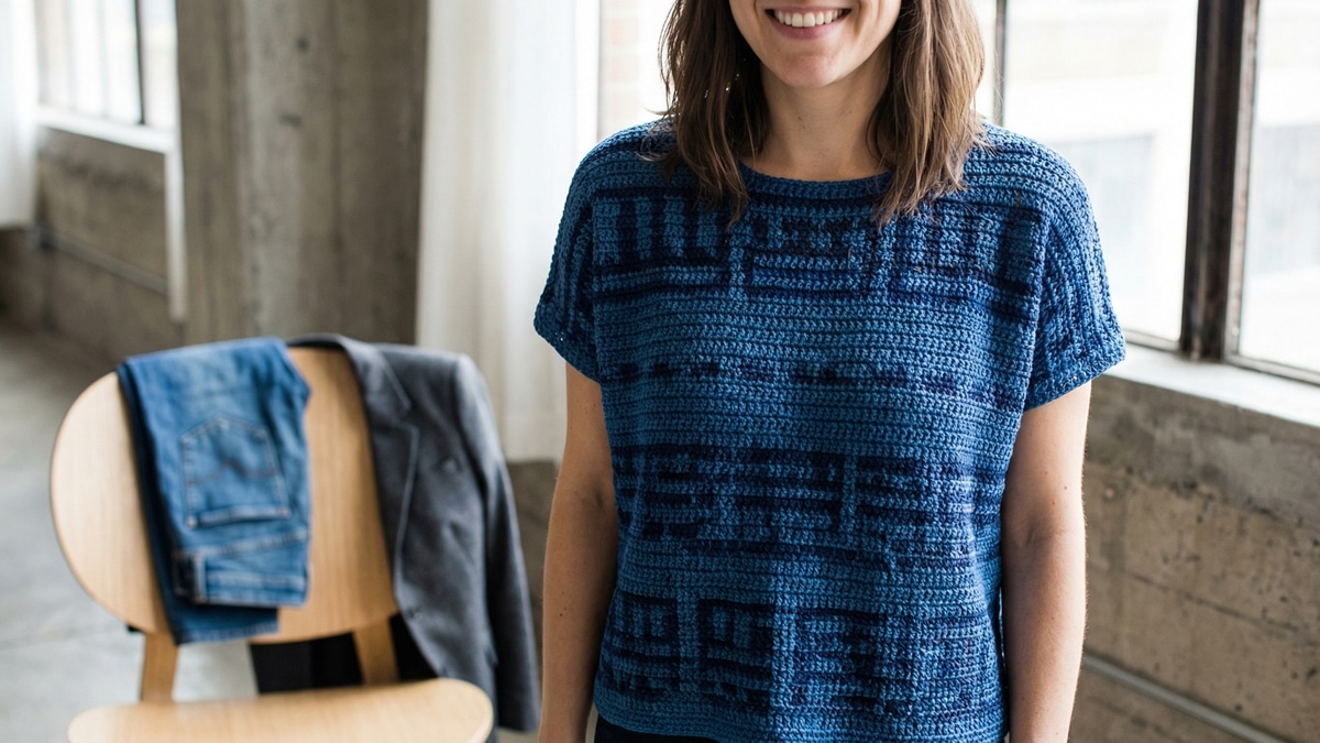 Mulher sorrindo usando blusa de croche azul artesanal em ambiente interno minimalista com luz natural