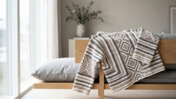 Blusa de croche artesanal com design geometrico moderno sobre movel neutro em ambiente urbano sofisticado com luz natural