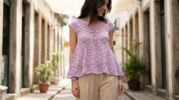 Mulher em ambiente urbano usando blusa de croche artesanal lilas com calca alfaiataria neutra