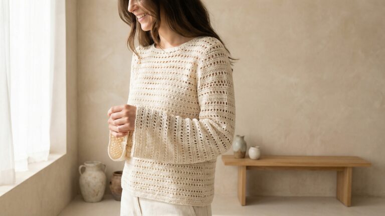 Mulher usando blusa de croche artesanal off-white em estudio minimalista com luz natural e elementos em madeira clara
