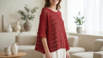 Mulher usando blusa de croche vermelha artesanal em estilo minimalista contemporaneo com fundo limpo e elegante