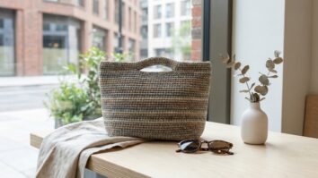 Bolsa de croche estruturada artesanal sobre madeira clara com oculos de sol e elementos decorativos minimalistas