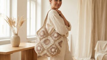 Mulher usando bolsa de croche com granny squares em tons neutros em ambiente moderno iluminado