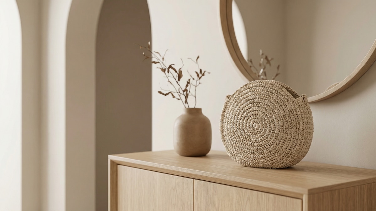 Bolsa redonda artesanal de croche em bege natural com trama firme posicionada sobre aparador de madeira clara em hall de entrada contemporaneo com luz natural