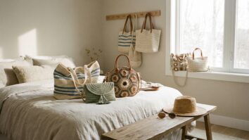 Bolsas de croche artesanais em diferentes estilos sobre cama com chapeu de palha e oculos em quarto feminino moderno