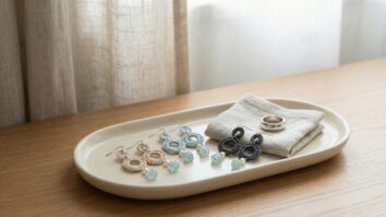 Brincos de croche artesanal com detalhes de pedrarias dispostos sobre superficie neutra em ambiente elegante minimalista com luz natural