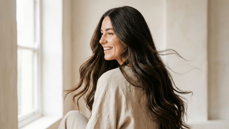 Mulher com cabelo longo.