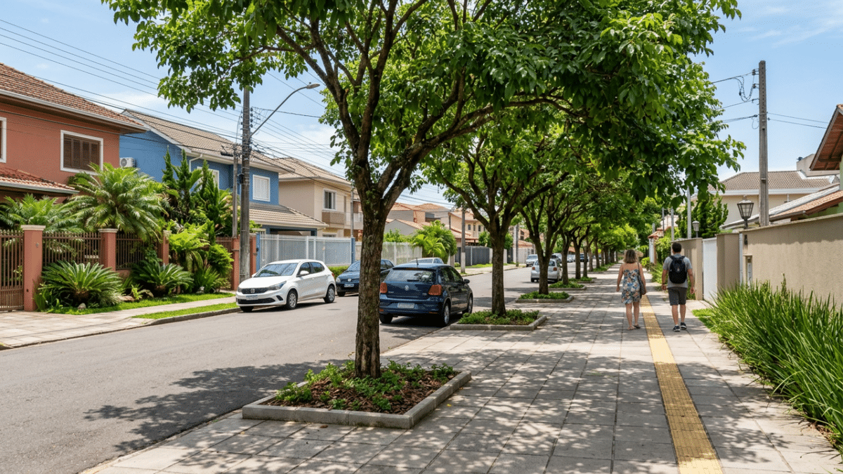 calçada residencial com árvores ornamentais