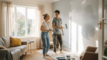 Casal Pintando Parede Feliz