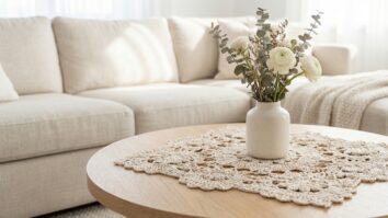 Centro de mesa de croche bege sobre mesa de centro com vaso de ceramica e flores naturais em sala de estar sofisticada