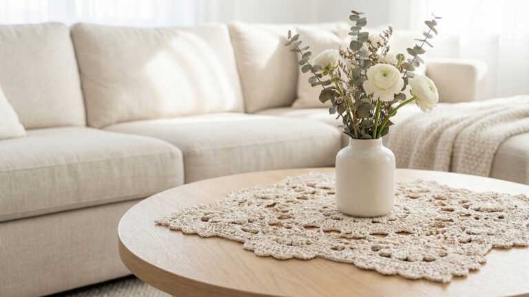 Centro de mesa de croche bege sobre mesa de centro com vaso de ceramica e flores naturais em sala de estar sofisticada