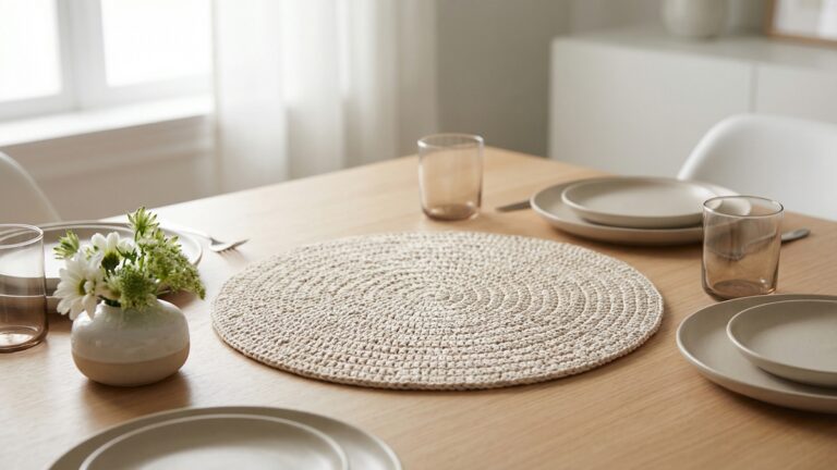 Mesa de jantar com centro de mesa em croche bege acompanhado de loucas neutras, copos de vidro e arranjo floral discreto