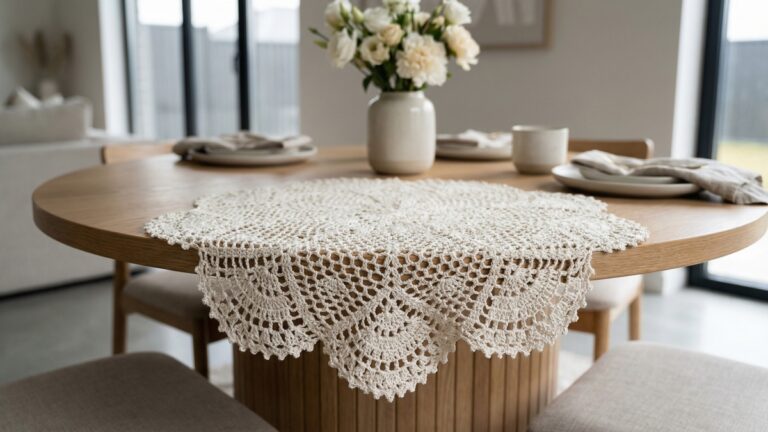 Sala de jantar com centro de mesa redondo de croche off white centralizado sobre mesa de madeira com flores e decoracao minimalista
