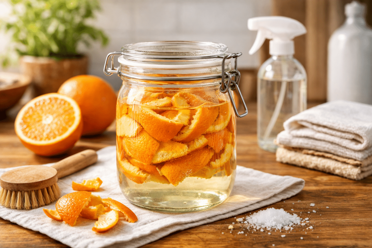 Pote de vidro com cascas de laranja mergulhadas em vinagre, formando um limpador natural caseiro sobre bancada de cozinha, com laranjas frescas e utensílios de limpeza ao redor.