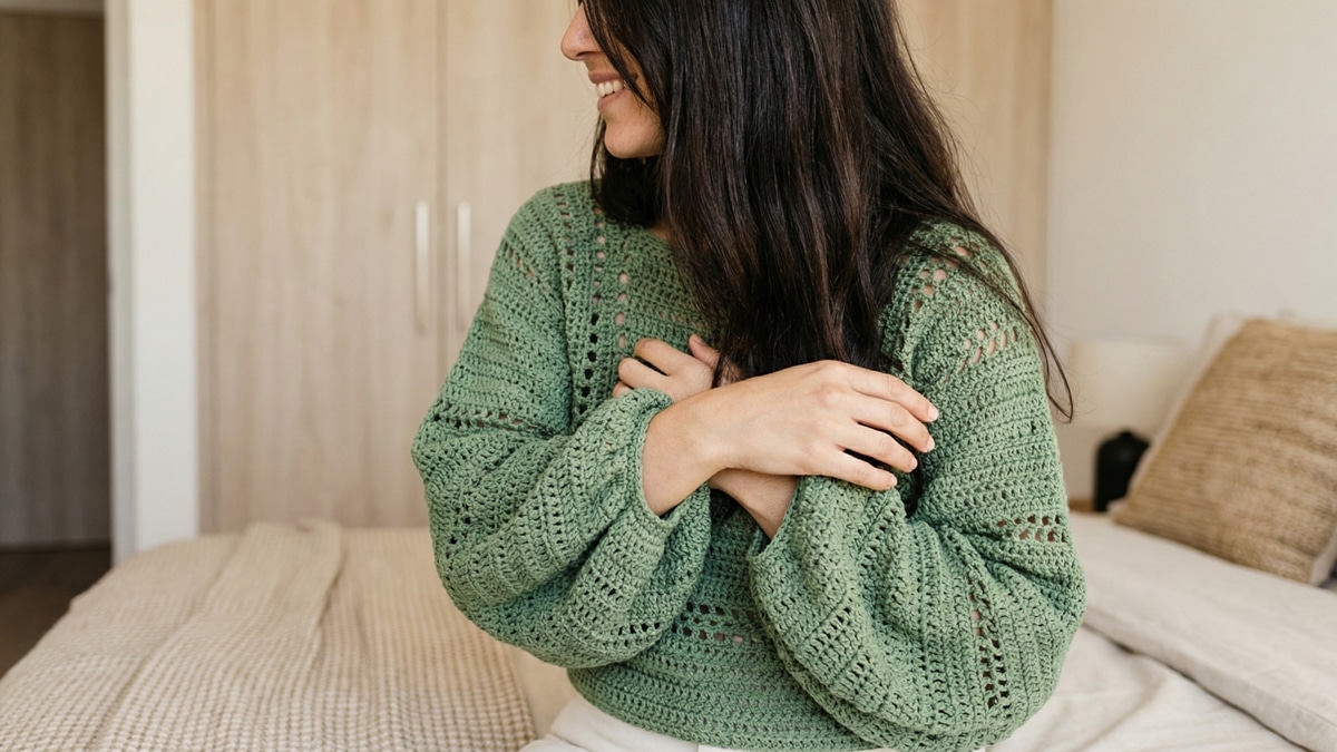 Mulher usando blusa de croche verde moderna em closet com luz natural difusa e decoracao elegante