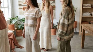 Estudio de moda com mulheres diferentes usando pecas variadas de croche em tons neutros bege e off white em cena unica