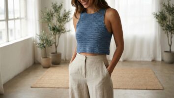 Mulher sorridente usando cropped de croche azul artesanal com calca de cintura alta neutra em estilo boho moderno