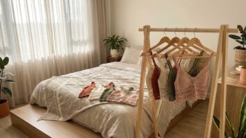 Croppeds artesanais de croche em diferentes cores e estilos com trama delicada em ponto vazado exibidos dobrados sobre cama e em cabides em quarto contemporaneo com luz natural