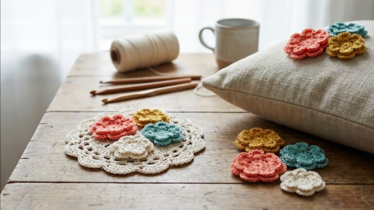 Flores de croche artesanais em tons vivos sobre toalha e almofada decorativa em mesa de trabalho com estilo delicado