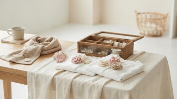 Flores de croche artesanal em tons suaves como apliques decorativos sobre superficie neutra com tecido de linho e acessorios