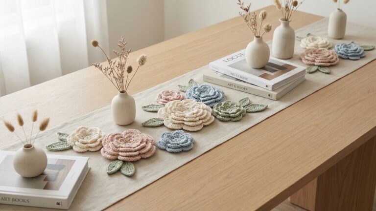 Mesa de madeira com flores de croche decorativas em tons variados sobre tecidos neutros com vasos e livros em cena continua