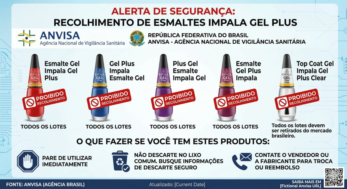 Infográfico de alerta de segurança da Anvisa comunicando o recolhimento de todos os lotes de esmaltes da linha Impala Gel Plus. A imagem ilustra cinco frascos de esmalte com uma tarja vermelha de "Proibido - Recolhimento". Na parte inferior, há orientações claras sobre o que fazer caso possua os produtos: pare de utilizar imediatamente, não descarte no lixo comum e contate o vendedor ou fabricante para troca ou reembolso.