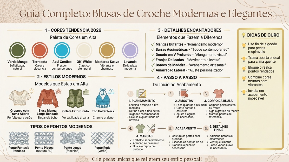 Infografico completo sobre como criar blusas de croche modernas com cores tendencia, estilos, detalhes e passo a passo