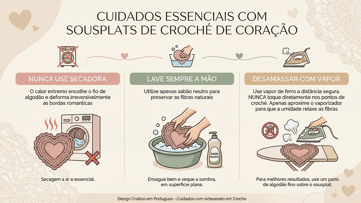 Infografico educativo sobre cuidados essenciais com sousplats de croche de coracao incluindo lavagem e uso de vapor com design elegante